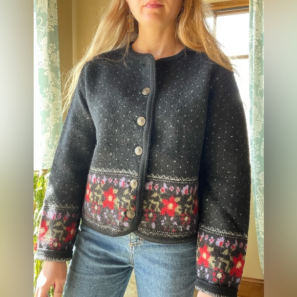 Sweaters - Vintage black and floral wool button down sweater